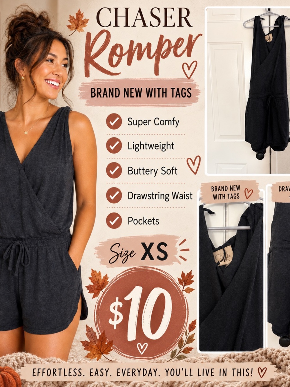 Chaser Black Sleeveless V-Neck Romper with Drawstring Waist